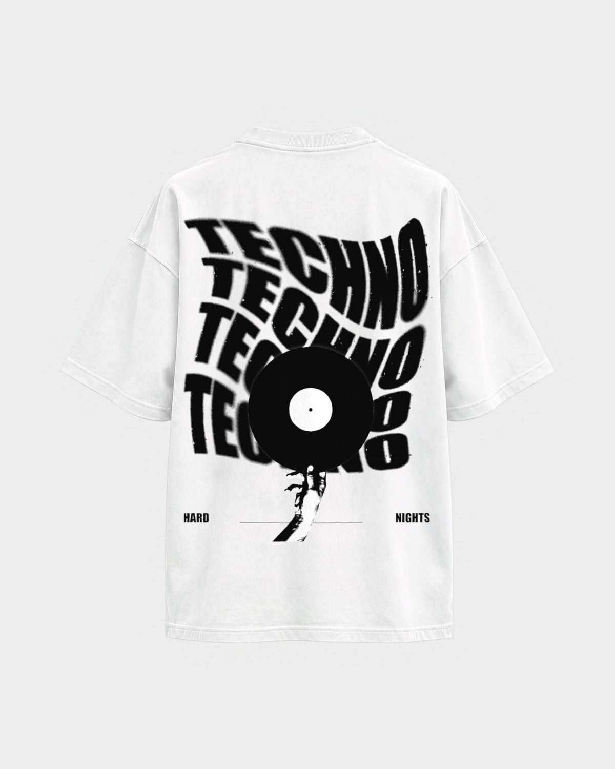Techno Vinyl – Oversized Shirt in Weiß, Rückenprint – Hard Nights