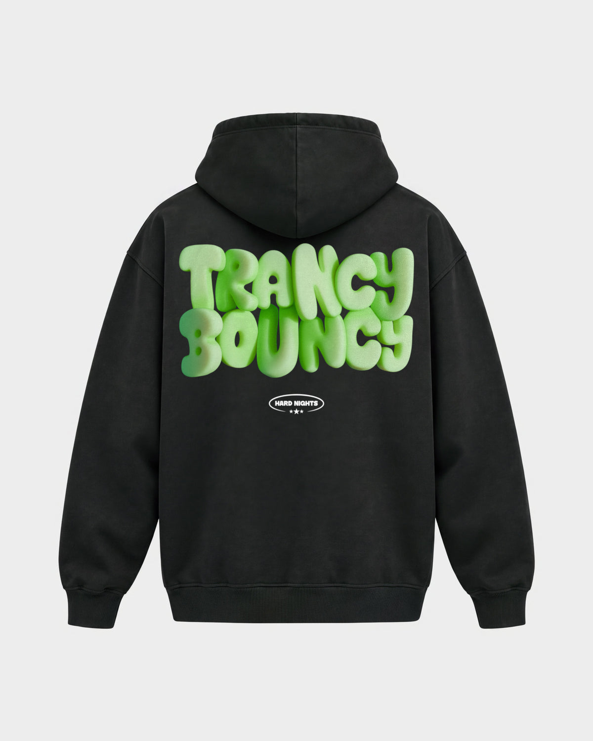Trance Bouncy Green – Oversized Hoodie in Schwarz, Rückenprint – Hard Nights