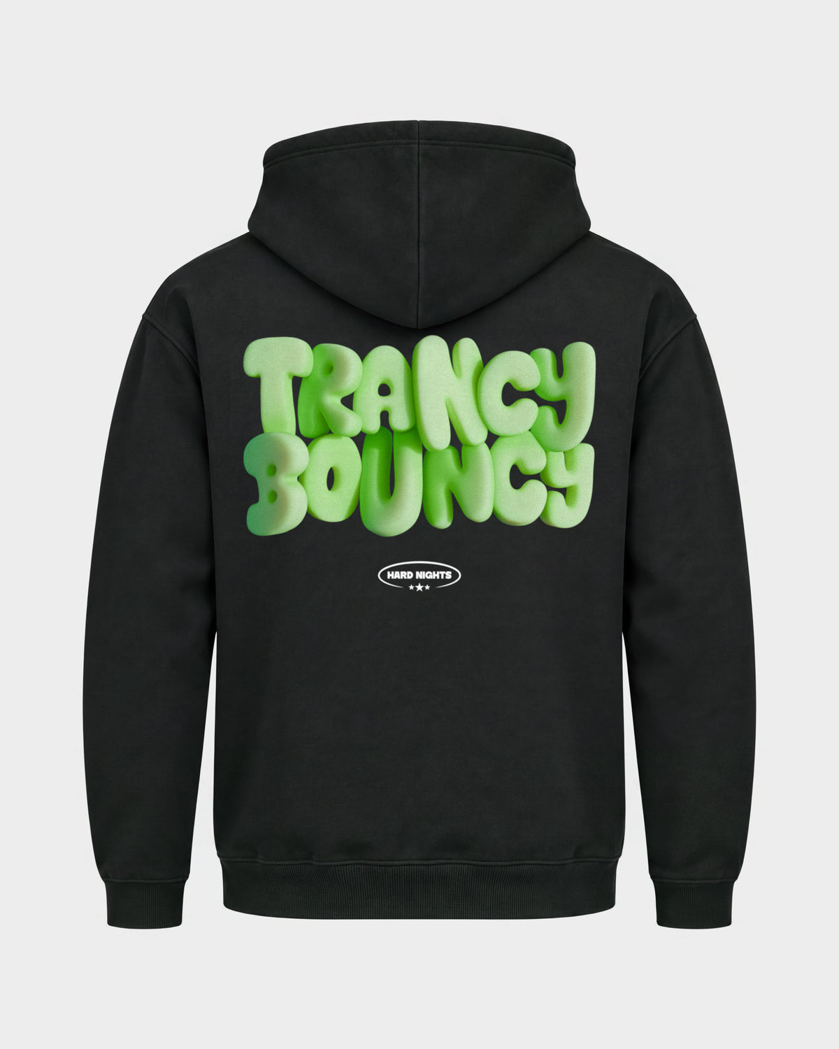 Trancy Bouncy Green – Basic Hoodie in Schwarz, Rückenprint – Hard Nights
