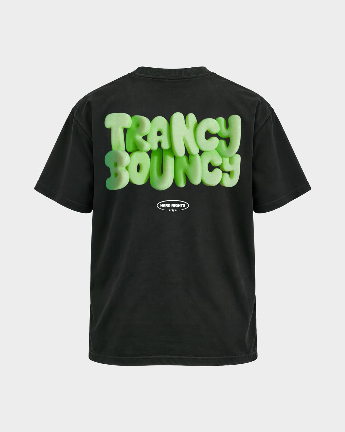 Trancy Bouncy Green – Basic Shirt in Schwarz, Rückenprint – Hard Nights