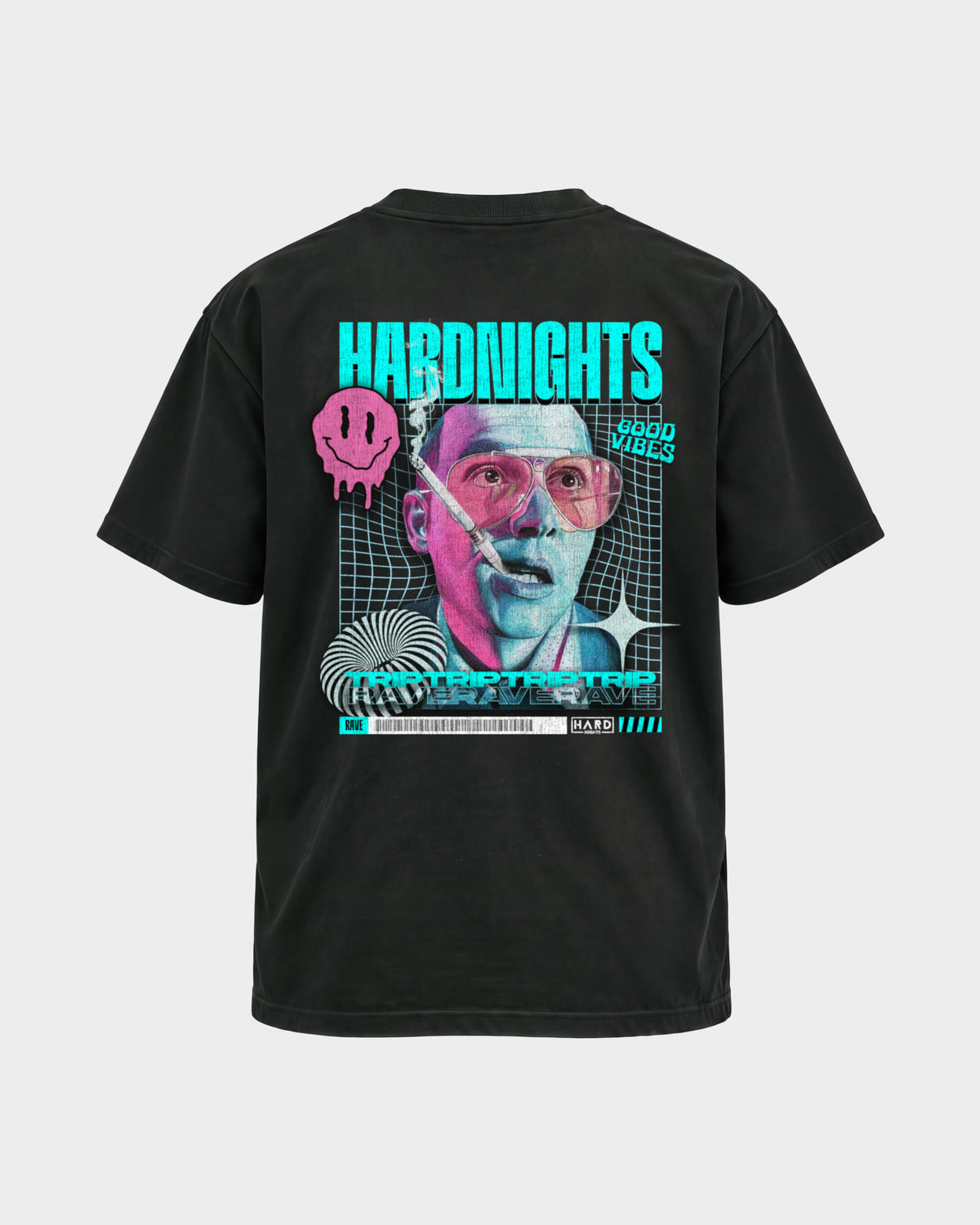 Trip & Rave – Basic Shirt in Schwarz, Rückenprint – Hard Nights
