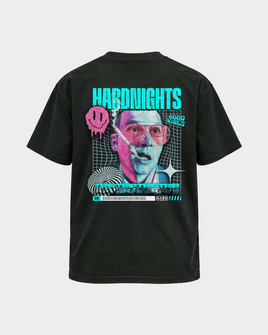 Trip & Rave – Basic Shirt in Schwarz, Rückenprint – Hard Nights
