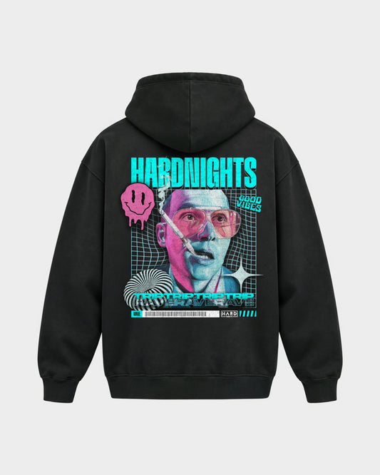 Trip & Rave – Oversized Hoodie in Schwarz, Rückenprint – Hard Nights