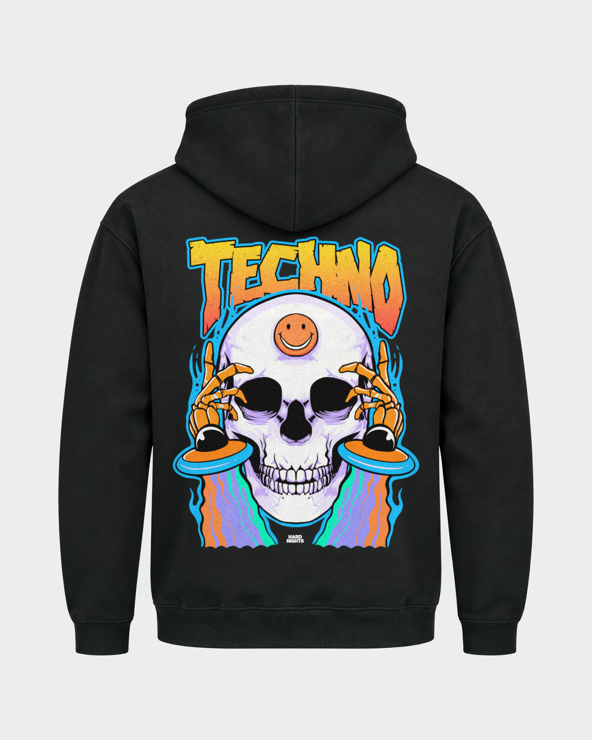 Trippy Techno Skull – Basic Hoodie in Schwarz, Rückenprint – Hard Nights