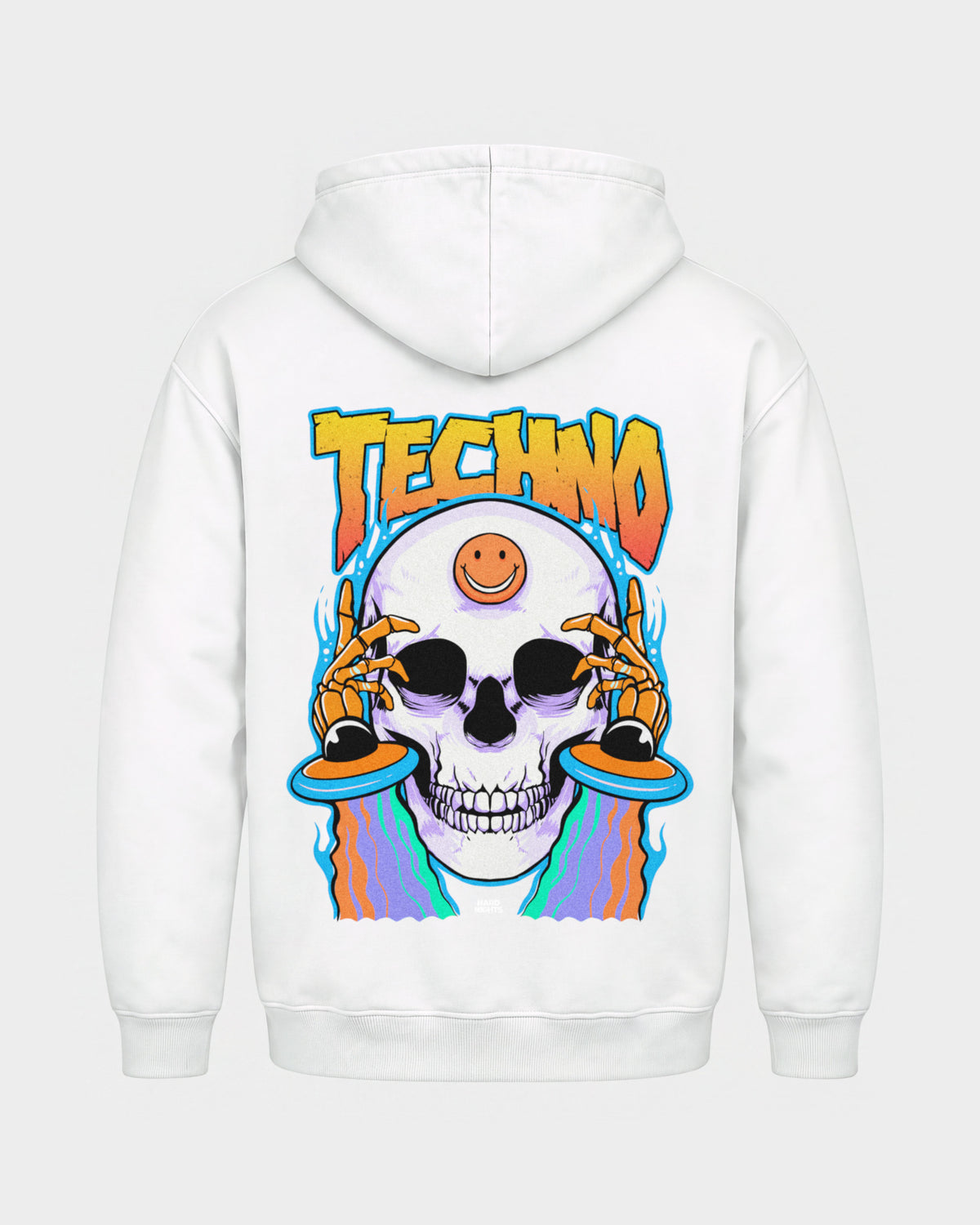 Trippy Techno Skull – Basic Hoodie in Weiß, Rückenprint – Hard Nights