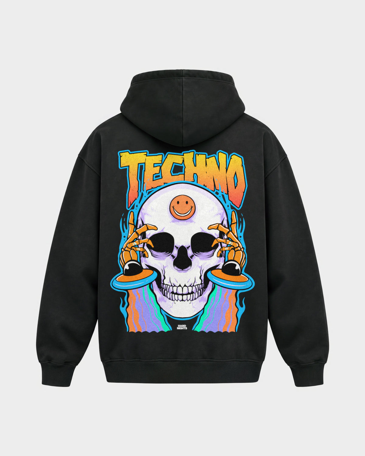 Trippy Techno Skull – Oversized Hoodie in Schwarz, Rückenprint – Hard Nights