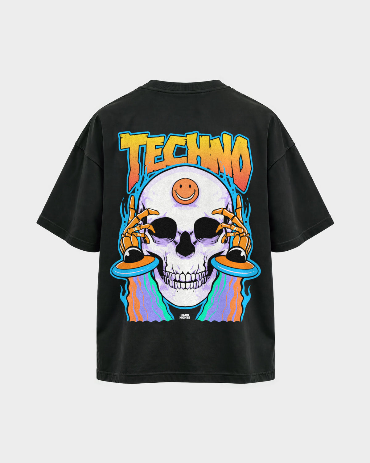 Trippy Techno Skull – Oversized Shirt in Schwarz, Rückenprint – Hard Nights