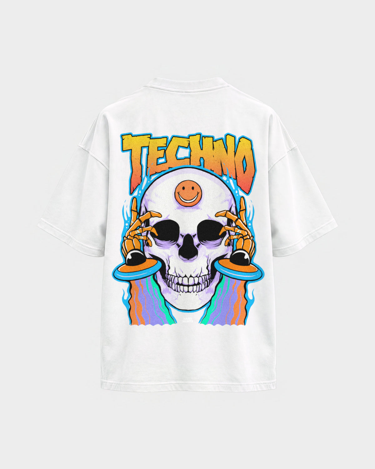 Trippy Techno Skull – Oversized Shirt in Weiß, Rückenprint – Hard Nights