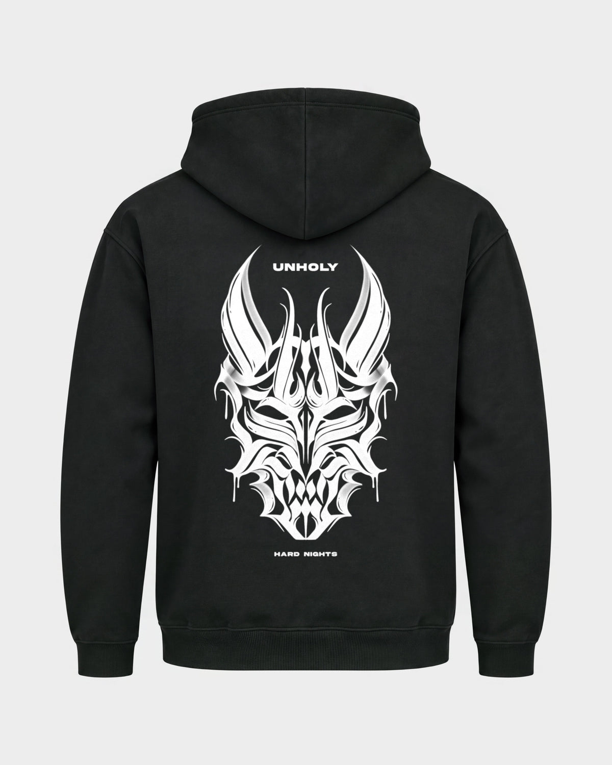 Unholy – Basic Hoodie in Schwarz, Rückenprint – Hard Nights