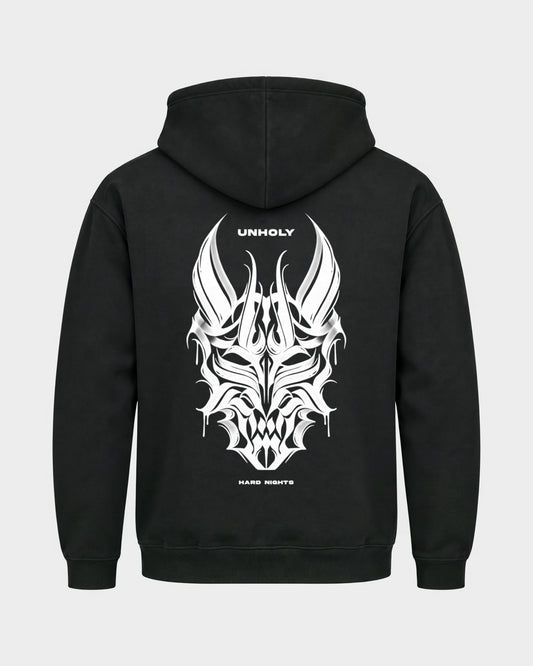 Unholy – Basic Hoodie in Schwarz, Rückenprint – Hard Nights
