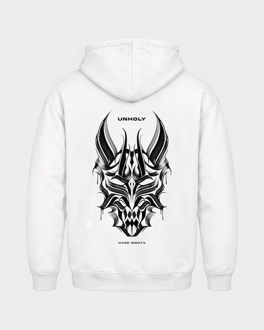 Unholy – Basic Hoodie in Weiß, Rückenprint – Hard Nights