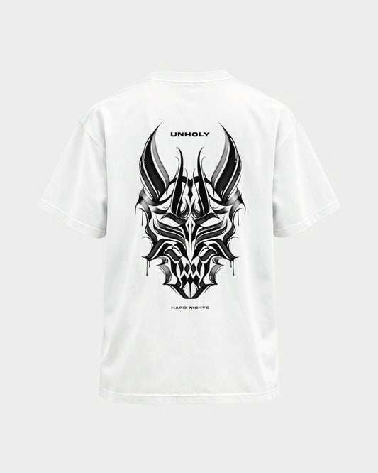 Unholy – Basic Shirt in Weiß, Rückenprint – Hard Nights