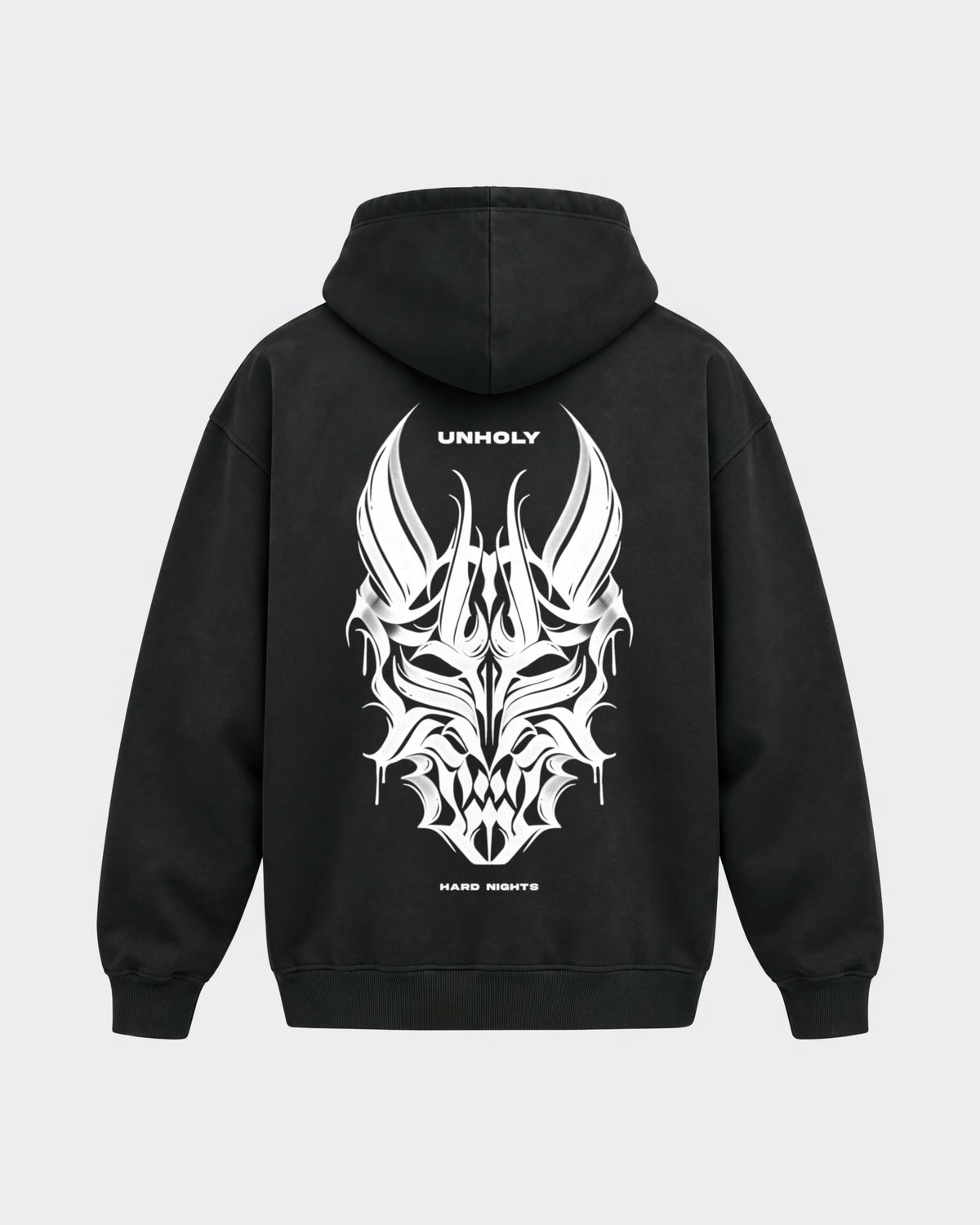 Unholy – Oversized Hoodie in Schwarz, Rückenprint – Hard Nights