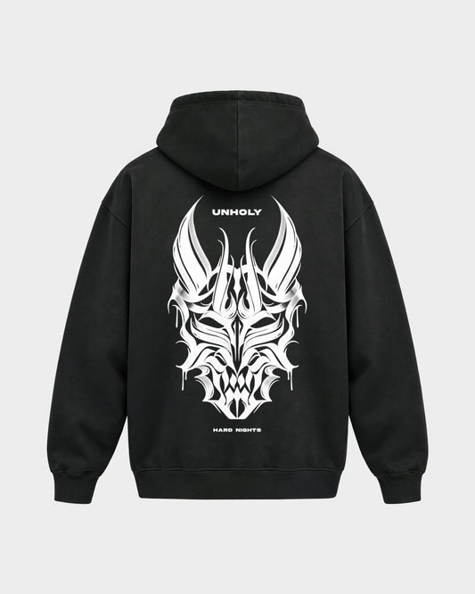 Unholy – Oversized Hoodie in Schwarz, Rückenprint – Hard Nights