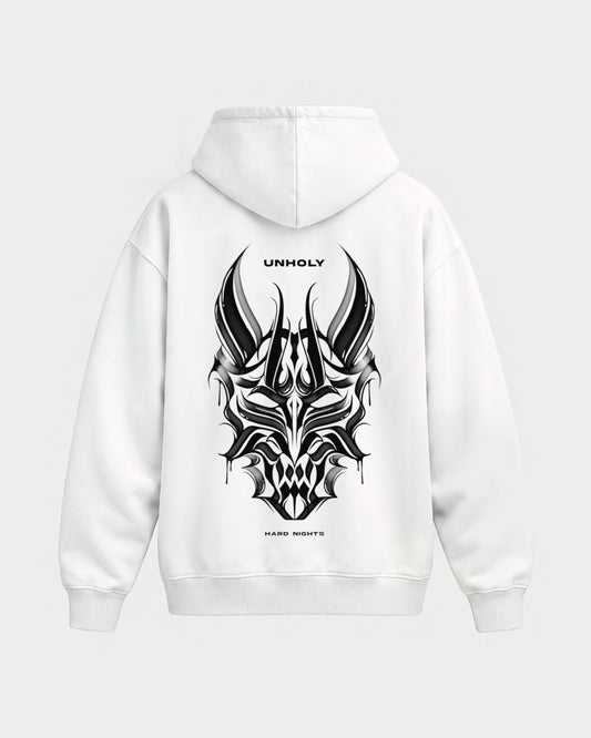 Unholy – Oversized Hoodie in Weiß, Rückenprint – Hard Nights