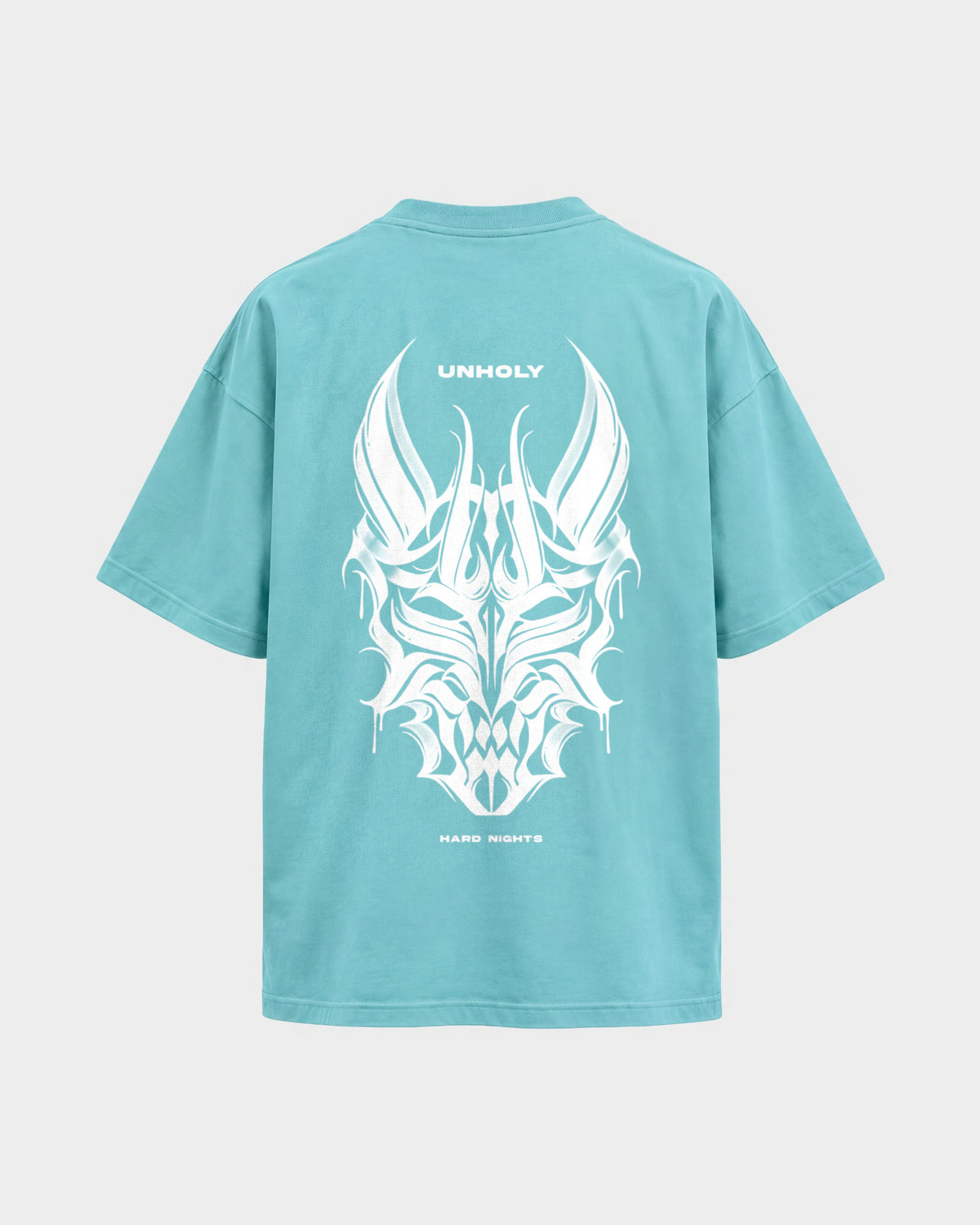 Unholy – Oversized Shirt in Berylblau, Rückenprint – Hard Nights