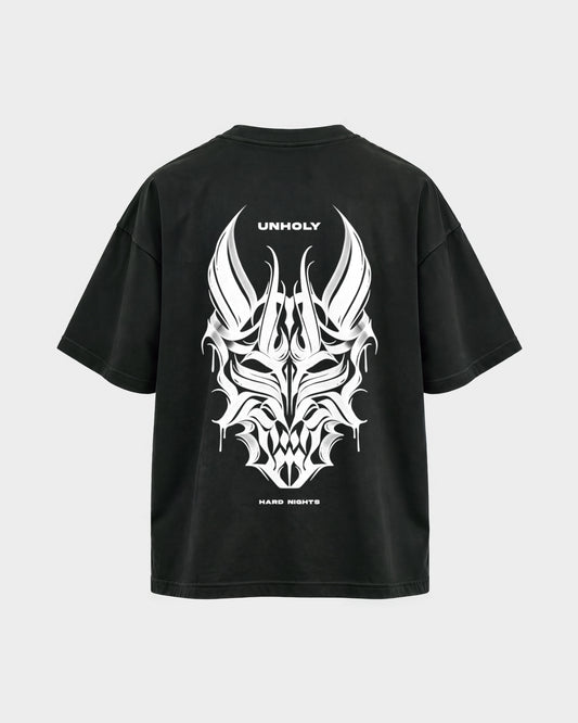 Unholy – Oversized Shirt in Schwarz, Rückenprint – Hard Nights