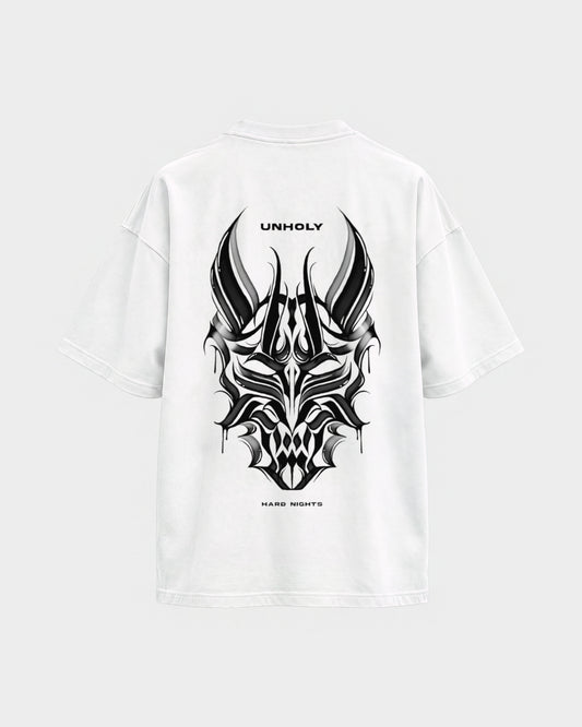 Unholy – Oversized Shirt in Weiß, Rückenprint – Hard Nights