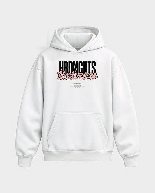 Universe – Oversized Hoodie in Weiß, Frontprint – Hard Nights