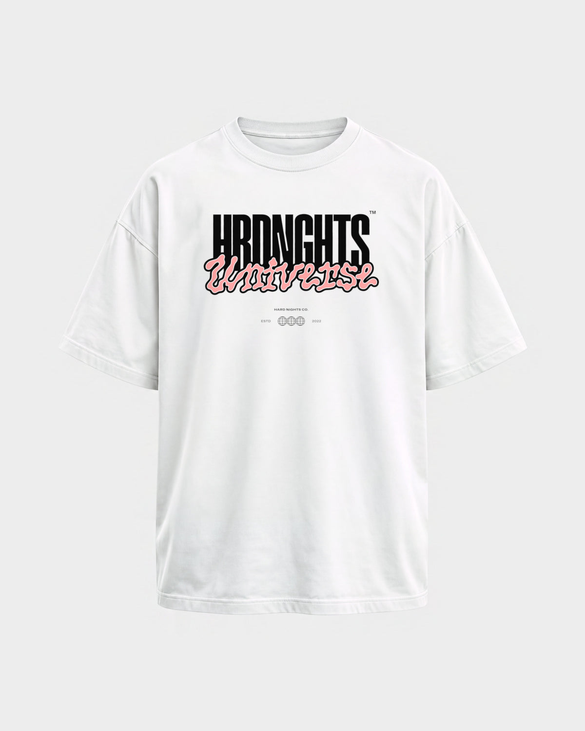 Universe – Oversized Shirt in Weiß, Frontprint – Hard Nights
