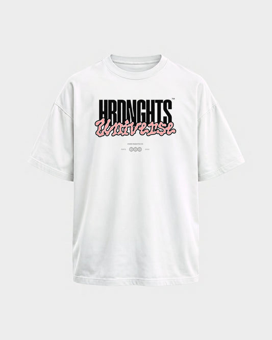 Universe – Oversized Shirt in Weiß, Frontprint – Hard Nights