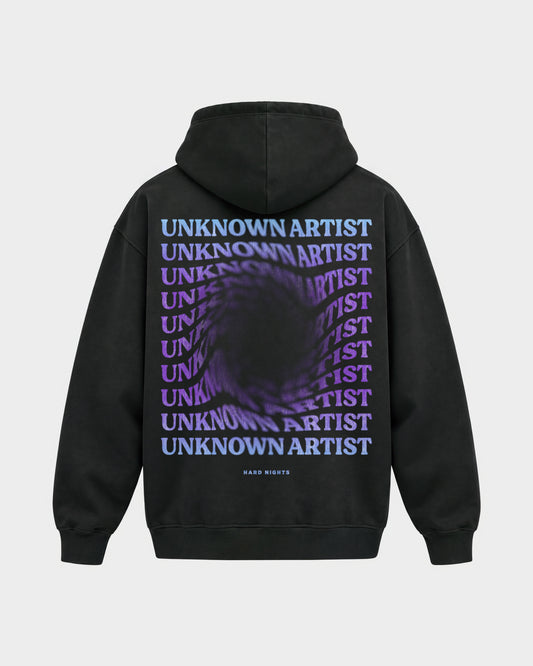 Unknown Artist Hole – Oversized Hoodie in Schwarz, Rückenprint – Hard Nights