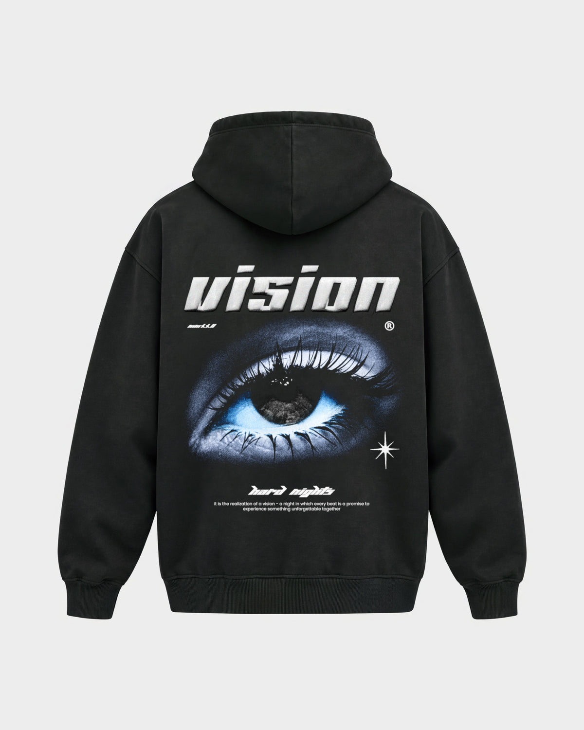 Vision – Oversized Hoodie in Schwarz, Rückenprint – Hard Nights