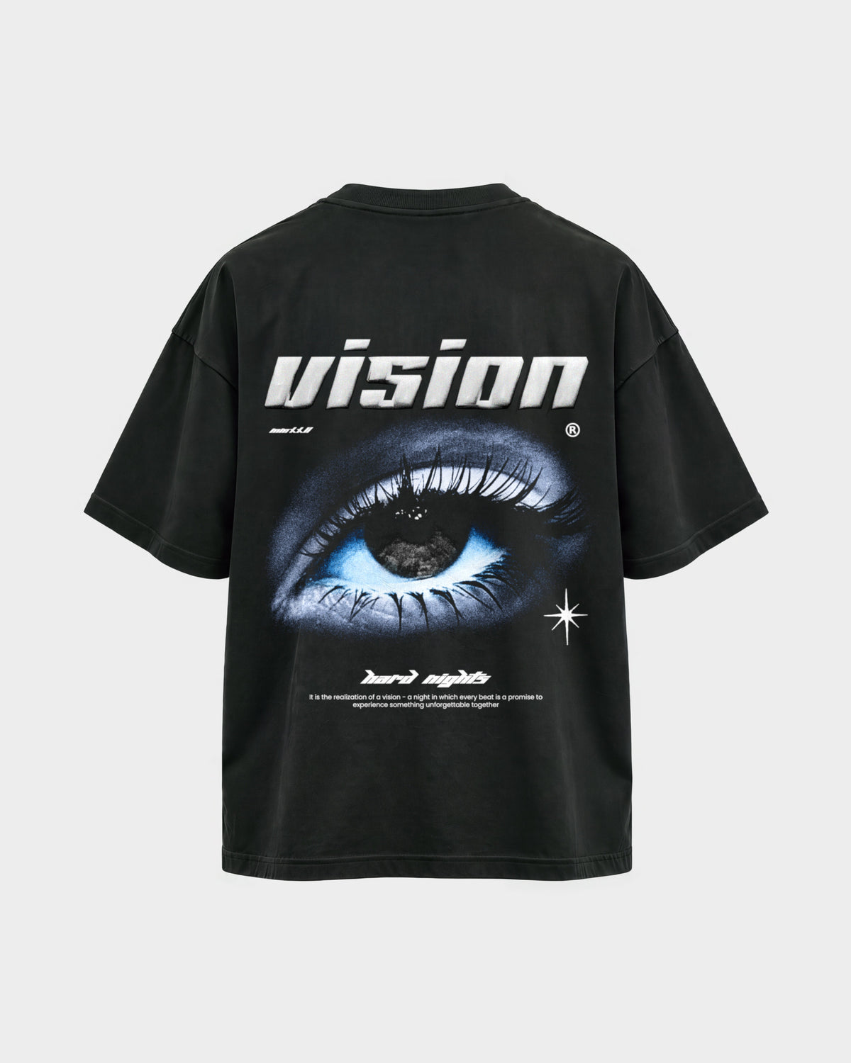 Vision – Oversized Shirt in Schwarz, Rückenprint – Hard Nights