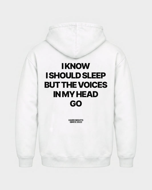 Voices in my head – Basic Hoodie in Weiß, Rückenprint – Hard Nights