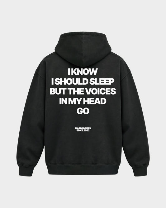 Voices in my head – Oversized Hoodie in Schwarz, Rückenprint – Hard Nights