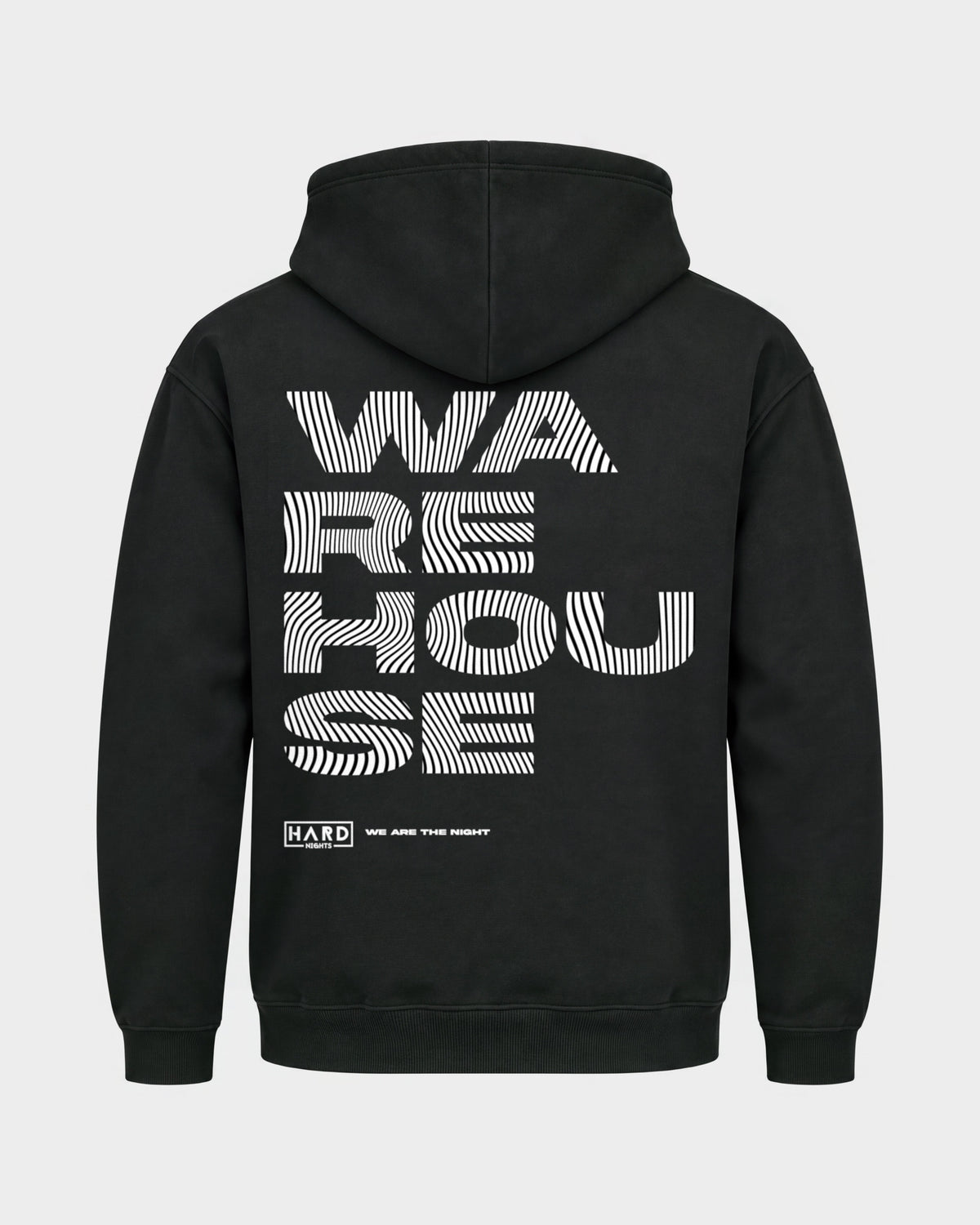 Warehouse – Basic Hoodie in Schwarz, Rückenprint – Hard Nights