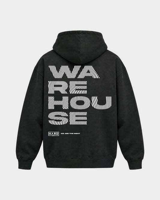 Warehouse – Oversized Hoodie in Schwarz, Rückenprint – Hard Nights