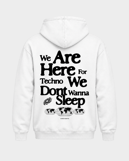 We are here for techno – Basic Hoodie in Arctic White – Rückansicht