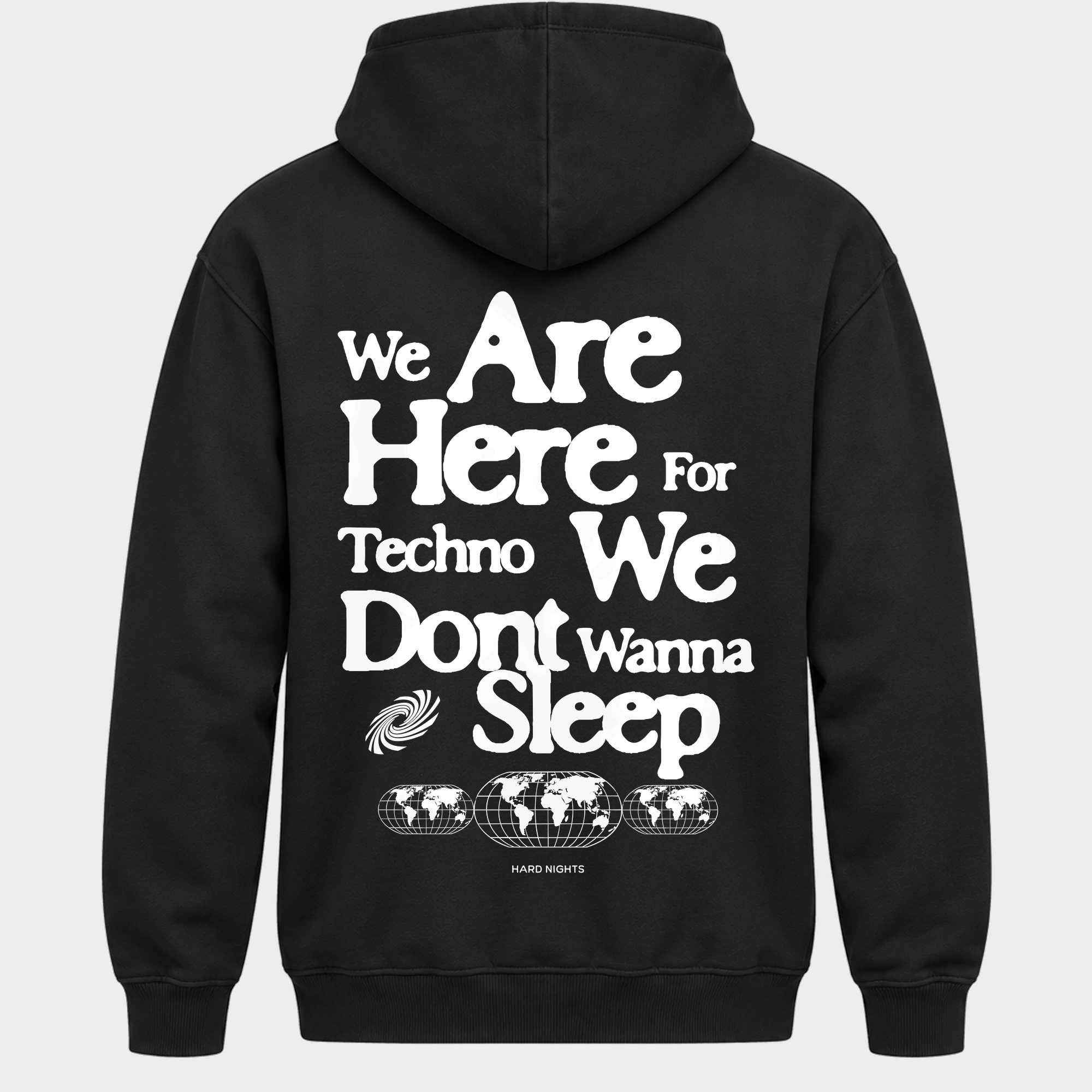 We are here for techno – Basic Hoodie in Jet Black – Rückansicht