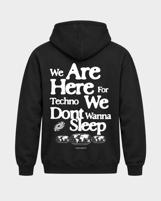 We are here for techno – Basic Hoodie in Jet Black – Rückansicht