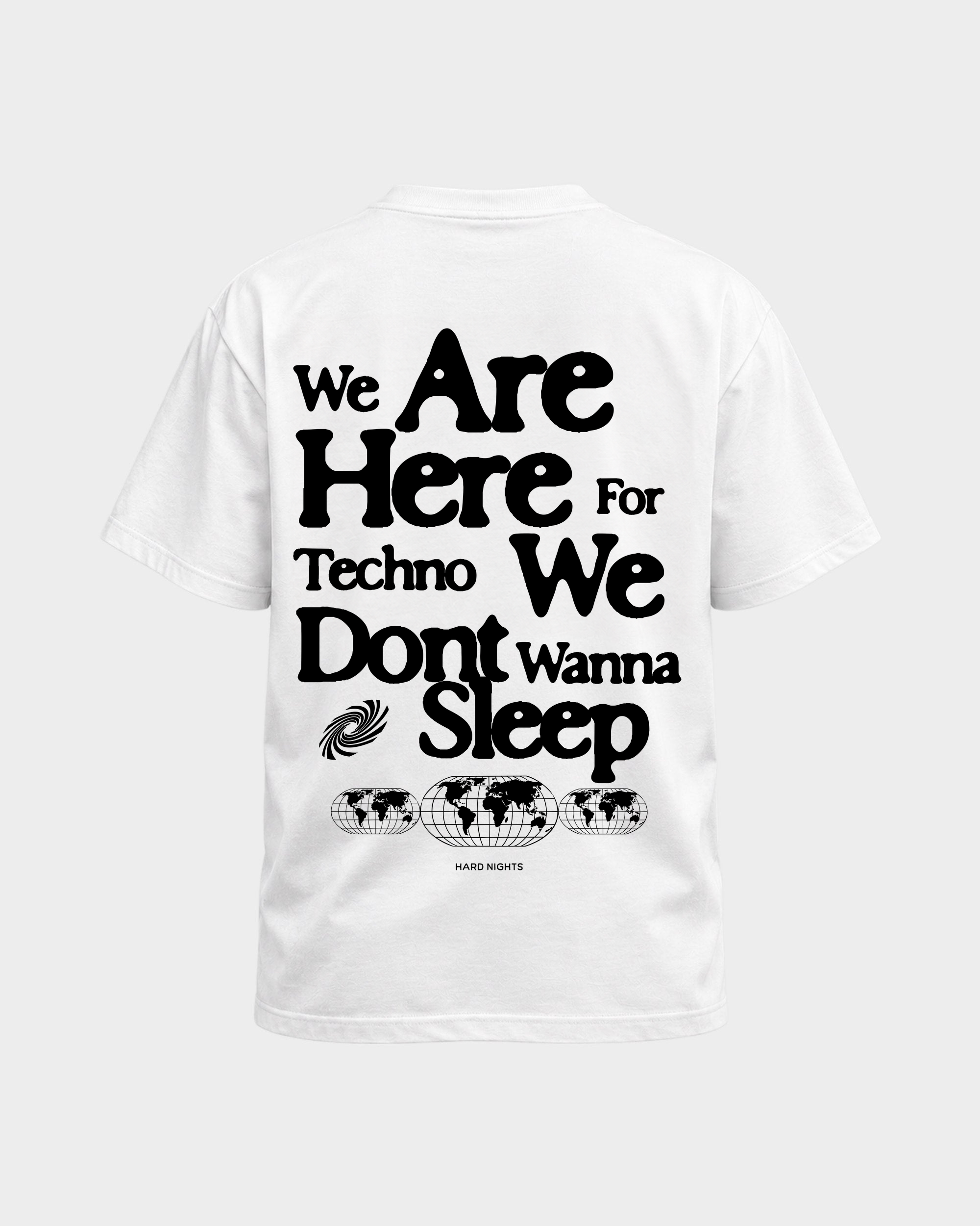 We are here for techno – Basic Shirt in White – Rückansicht