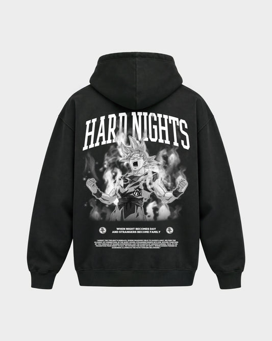 When night becomes day – Oversized Hoodie in Schwarz, Rückenprint – Hard Nights