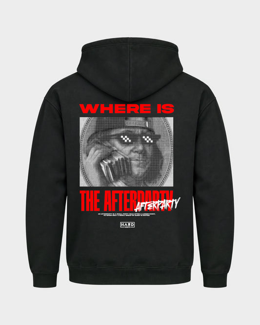 Where is the afterparty – Basic Hoodie in Schwarz, Rückenprint – Hard Nights