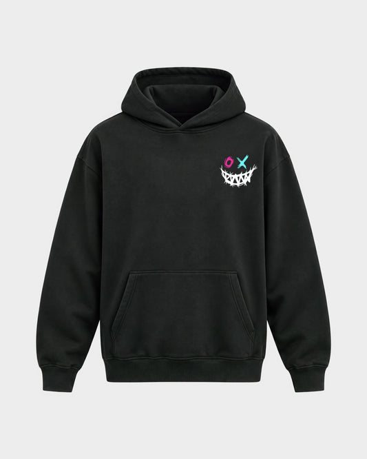 XOXO Smile – Oversized Hoodie in Schwarz, Frontprint – Hard Nights